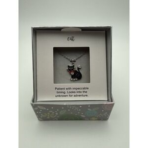 Cat Necklace 18" Siver plated Black And White Diamonds, Red Bow, Kohls New